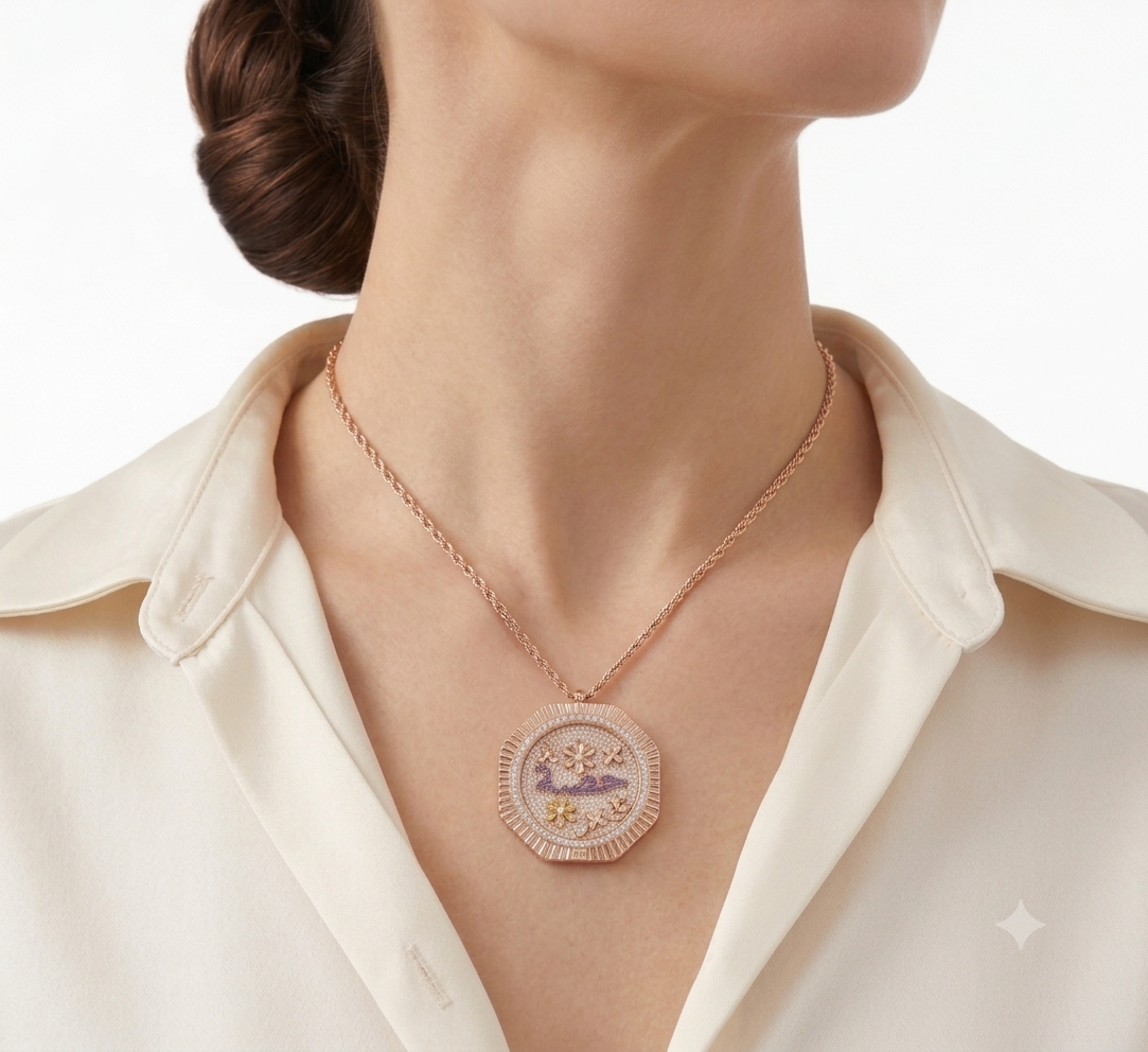 Fluted Necklace with rose-toned chain and octagonal fluted pendant showing purple and yellow floral accents at collarbone.