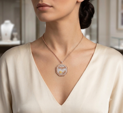Fluted Necklace, round ribbed pendant with textured center and small yellow accent on rose-gold chain at model's neckline