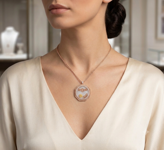 Fluted Necklace, round ribbed pendant with textured center and small yellow accent on rose-gold chain at model's neckline