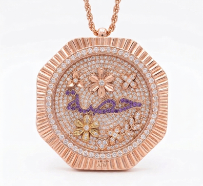 Fluted necklace pendant, octagonal rose-gold with pave diamonds, floral accents and purple-script inlay