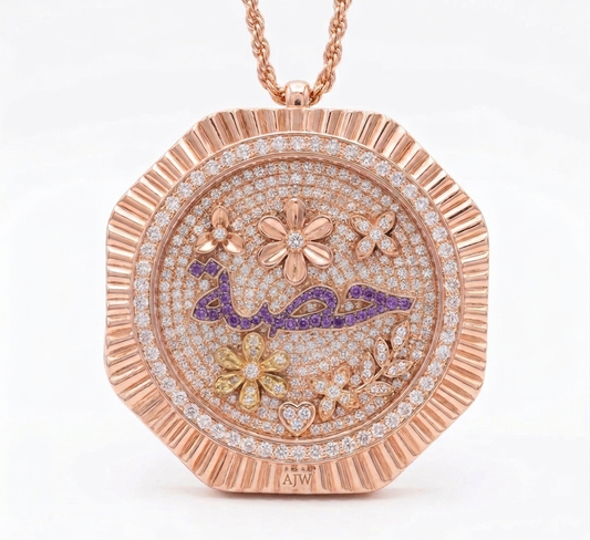 Fluted necklace pendant, octagonal rose-gold with pave diamonds, floral accents and purple-script inlay