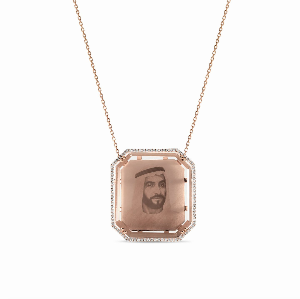 Rose-gold octagonal picture pendant, front view with engraved portrait and pavé diamond halo