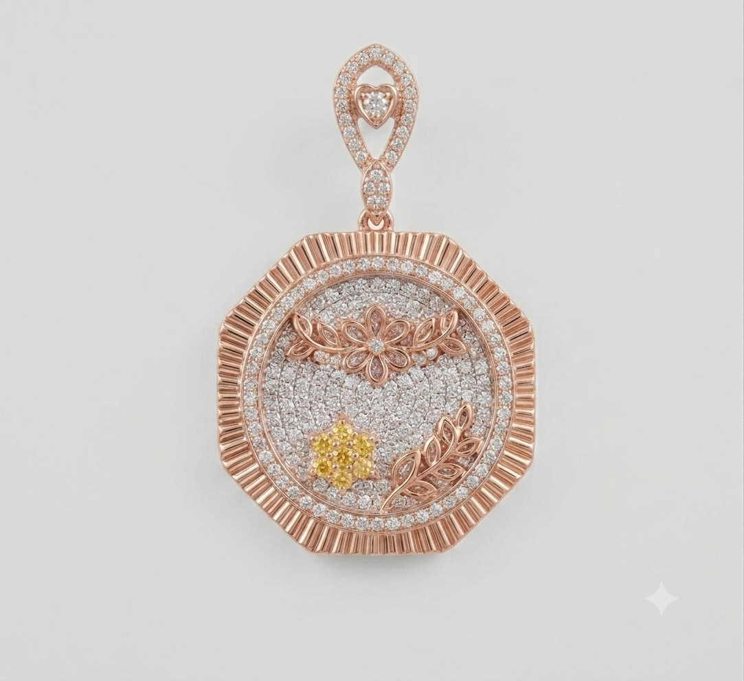 Fluted earring, front view: rose-gold octagonal frame with pavé diamonds, floral motifs and small yellow-stone cluster