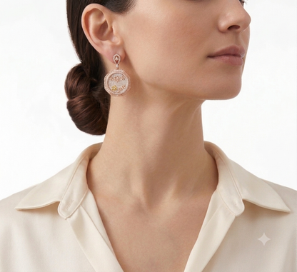 Fluted earrings — round fluted drop with ridged edge and small floral motifs, worn on model’s left ear in profile