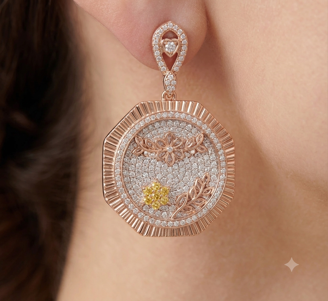 Fluted earring, rose-tone octagonal drop with fluted edge, pavé white stones and yellow-stone floral cluster