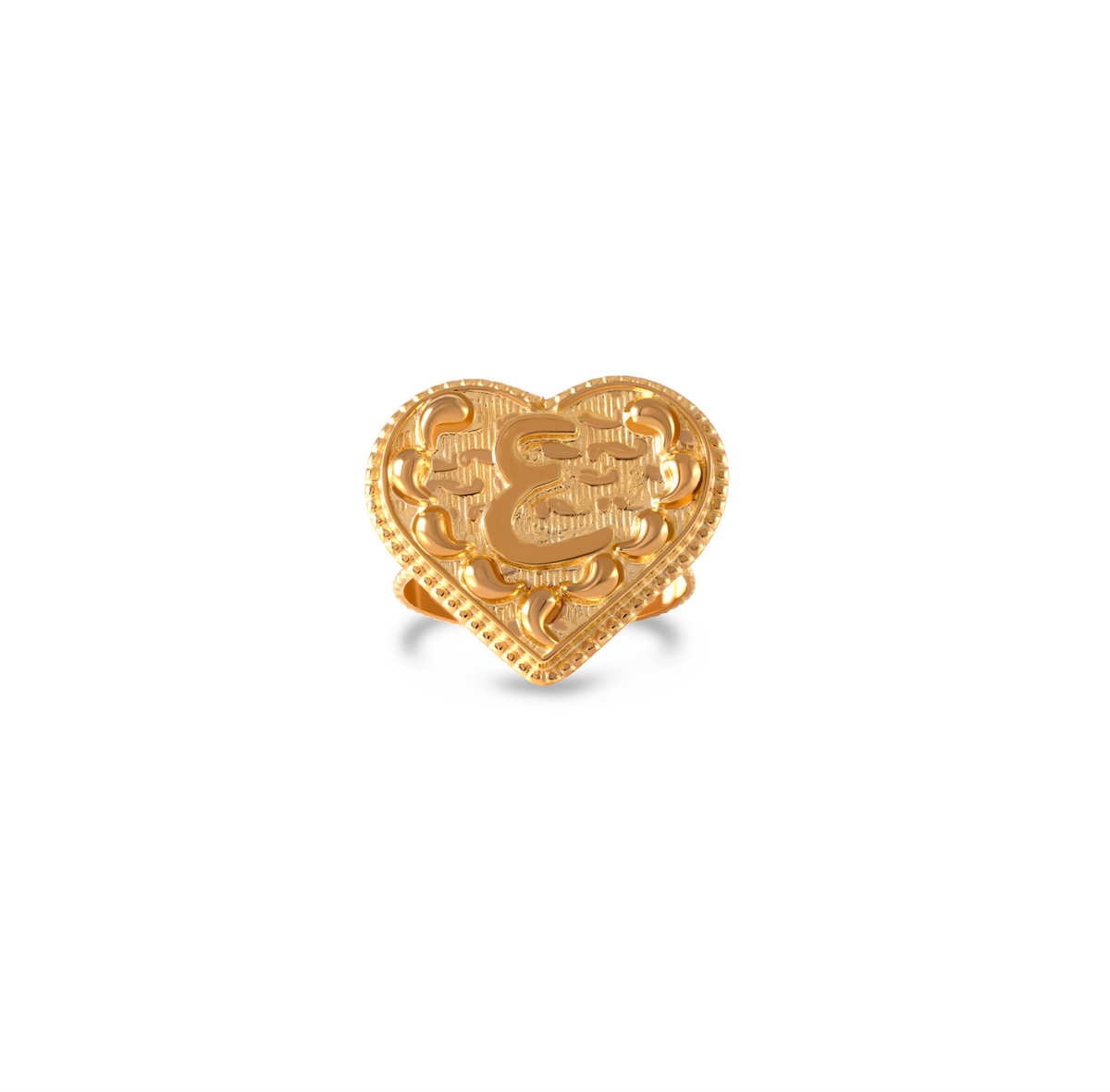 Sirr Eternal Heart Ring — front view of gold heart-shaped top with raised ornate detailing
