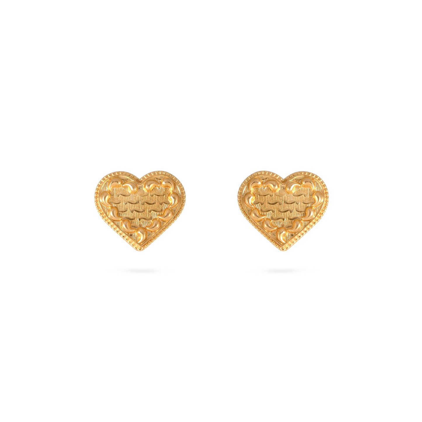 Pair of gold heart-shaped stud earrings with braided embossed pattern and beaded border, front view