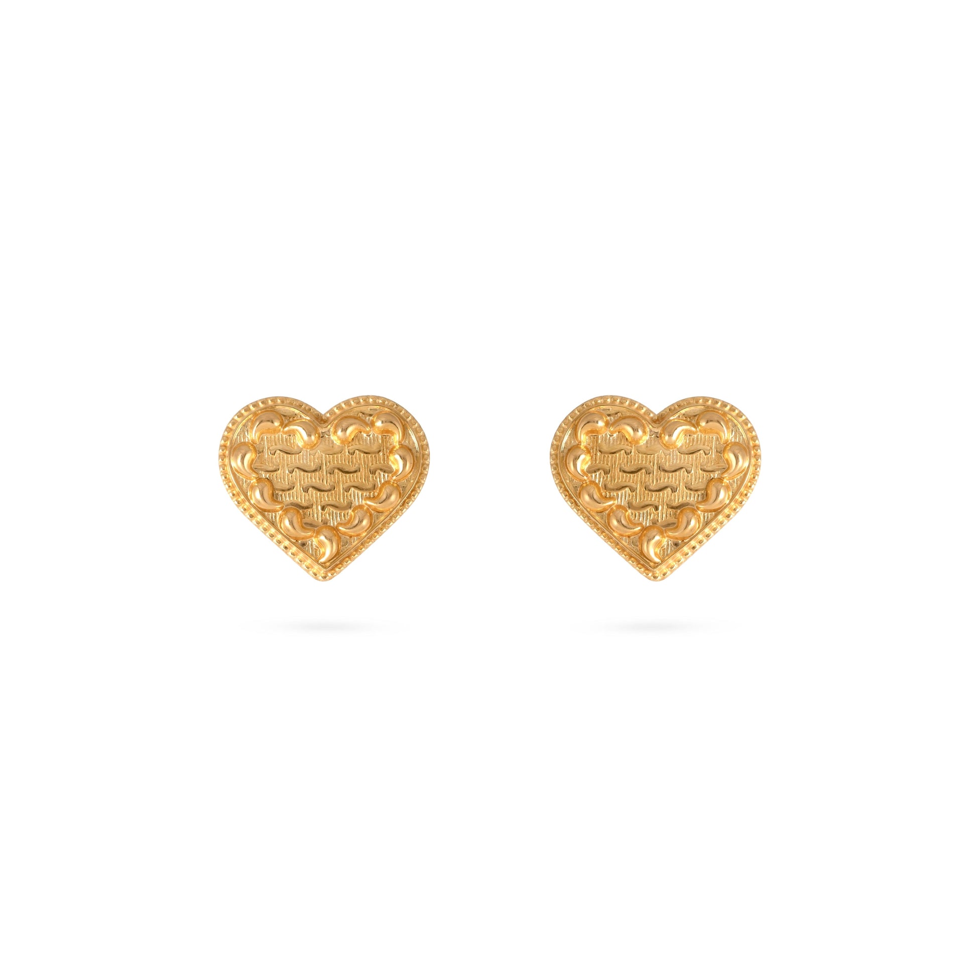 Pair of gold heart-shaped stud earrings with braided embossed pattern and beaded border, front view