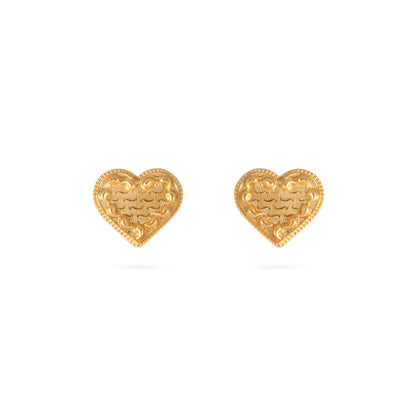 Pair of gold heart-shaped stud earrings with braided embossed pattern and beaded border, front view